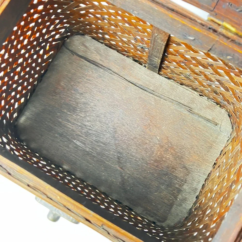 Vintage Storage Chest Brown Footed Keepsake Box Decor Handcrafted Woven Bamboo